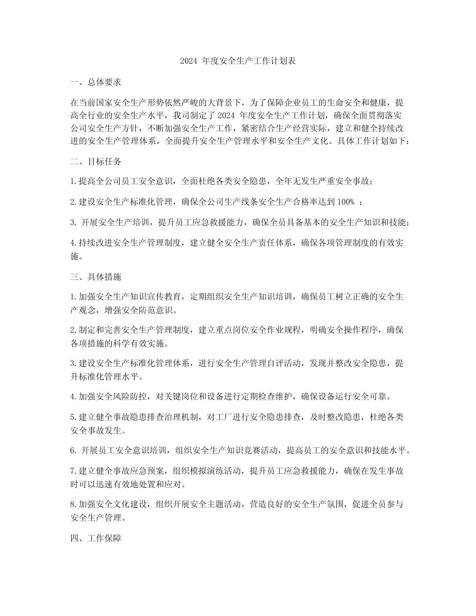 2024年度安全生产工作计划表 _第1页