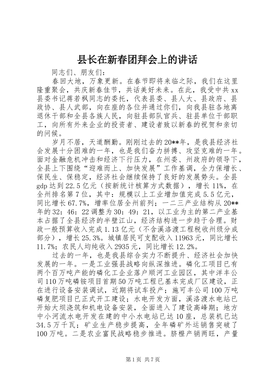 县长在新春团拜会上的讲话发言_第1页