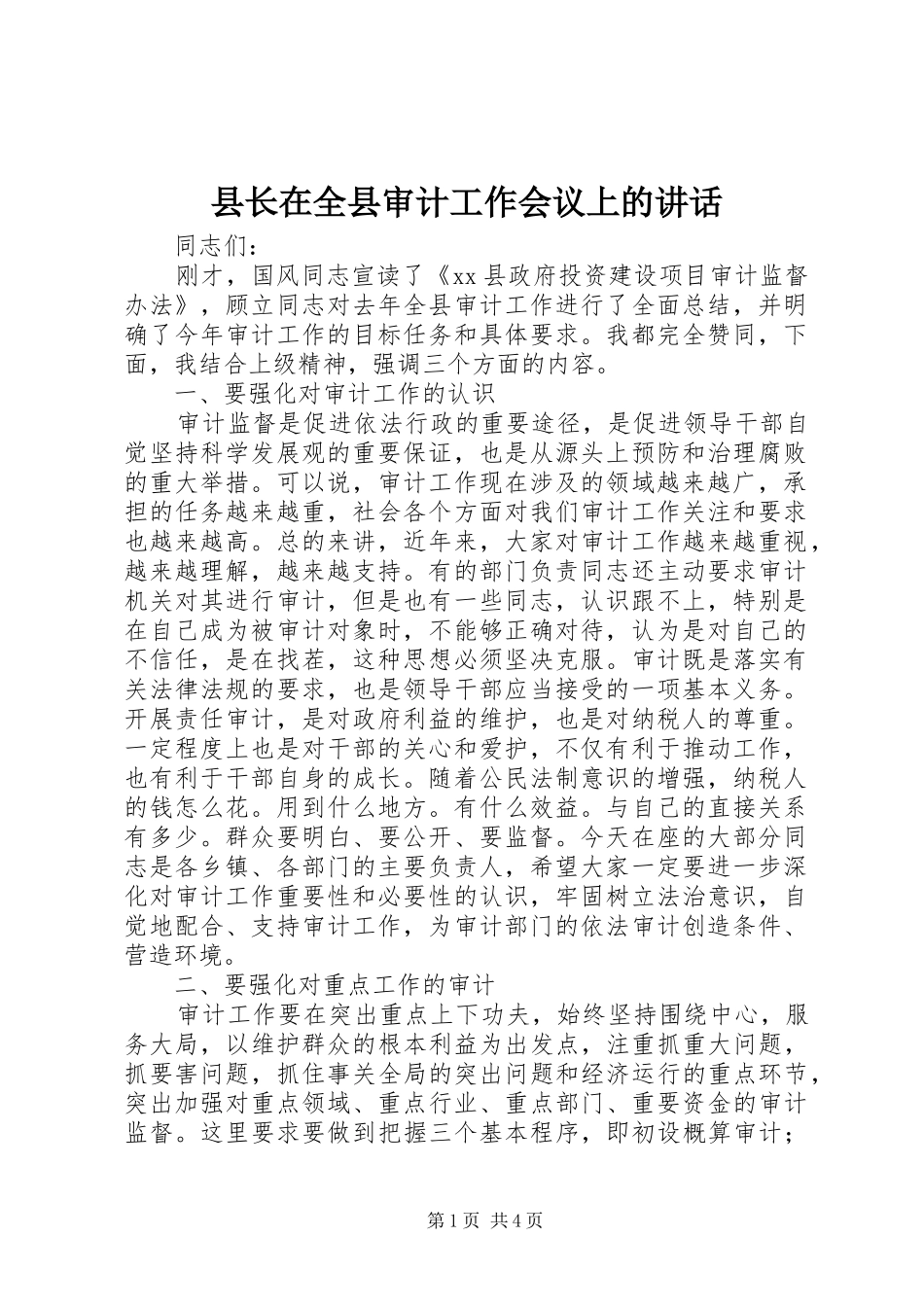 县长在全县审计工作会议上的讲话发言_第1页