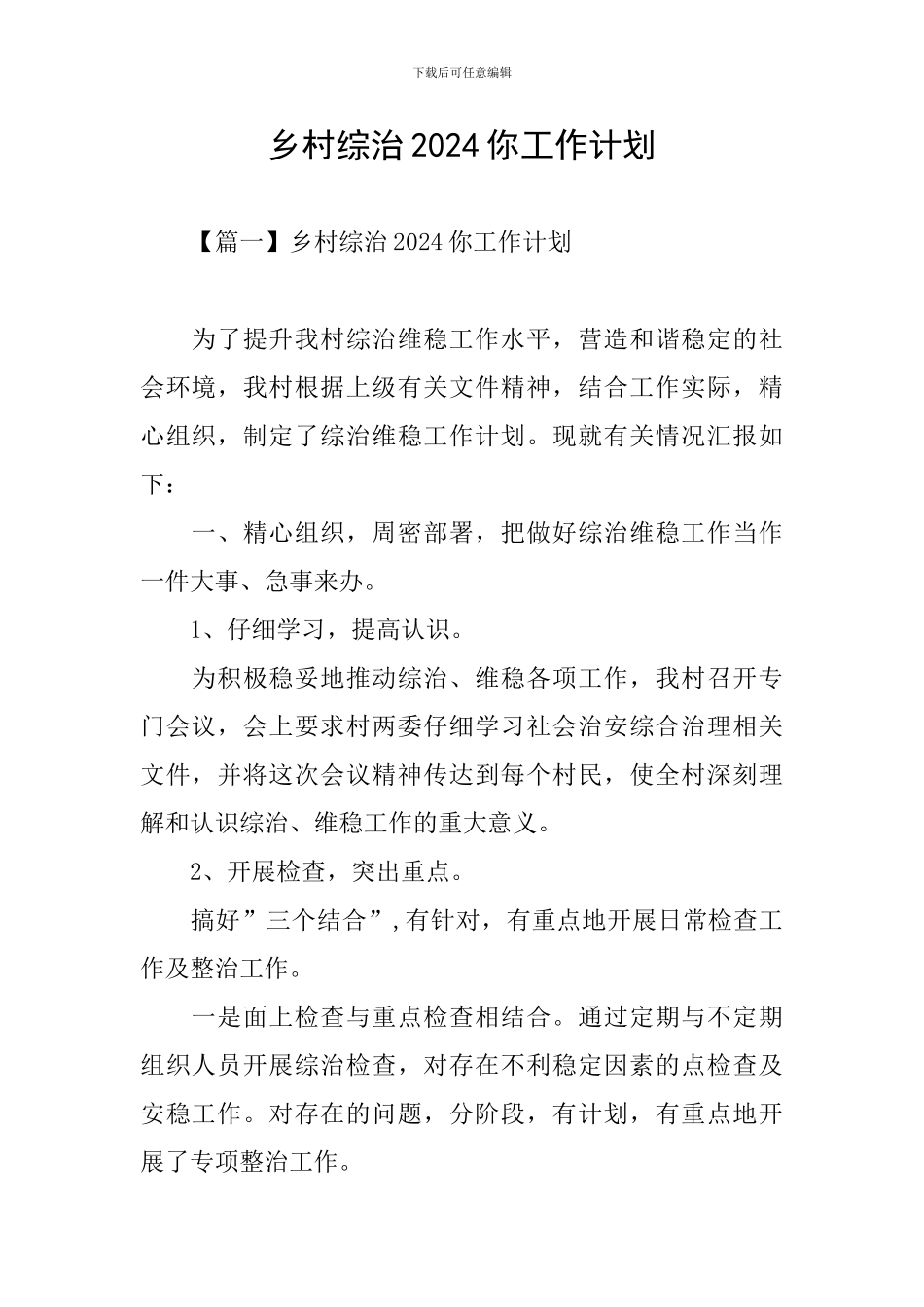 乡村综治2024你工作计划_第1页