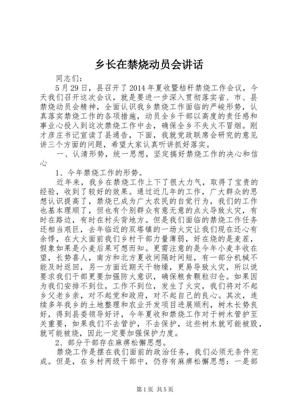 乡长在禁烧动员会讲话发言_第1页