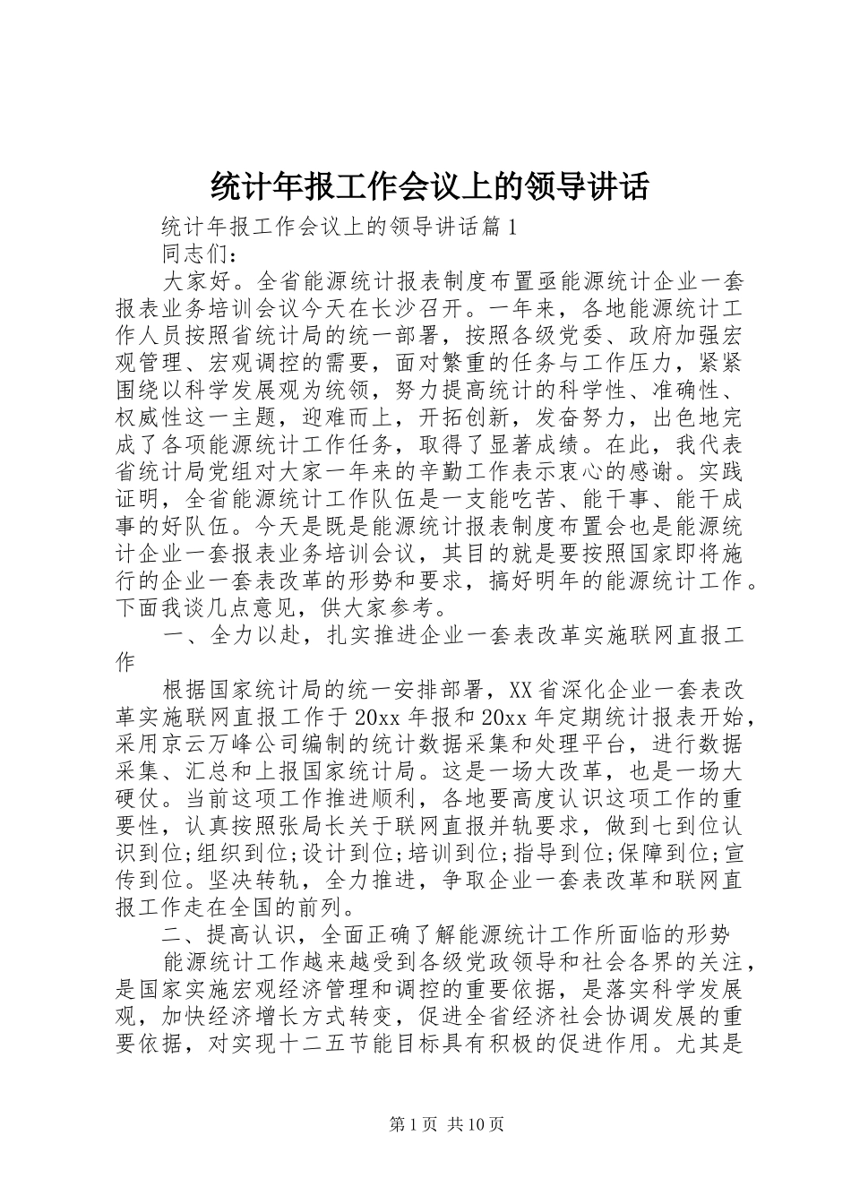 统计年报工作会议上的领导讲话发言_第1页