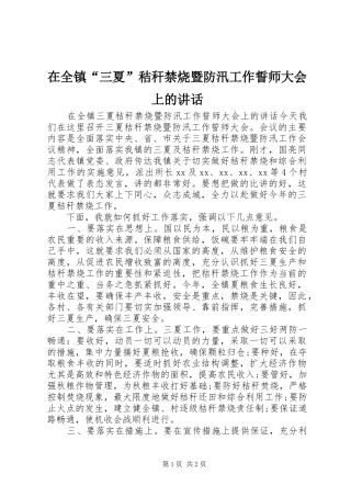 在全镇“三夏”秸秆禁烧暨防汛工作誓师大会上的讲话发言