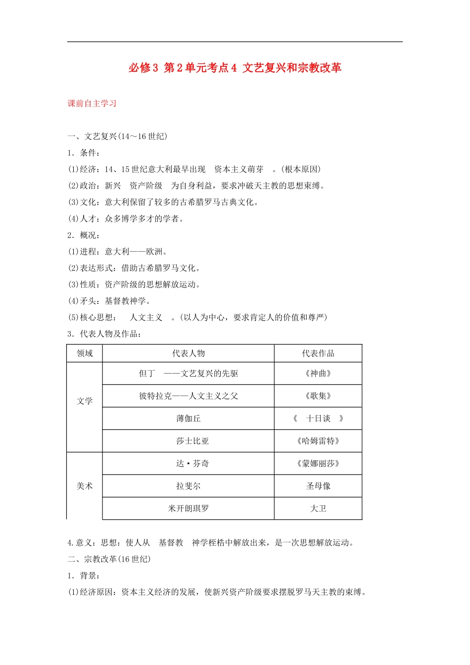 2012届高中历史一轮复习-第2单元-考点4文艺复兴和宗教改革精品学案-新人教版必修3_第1页