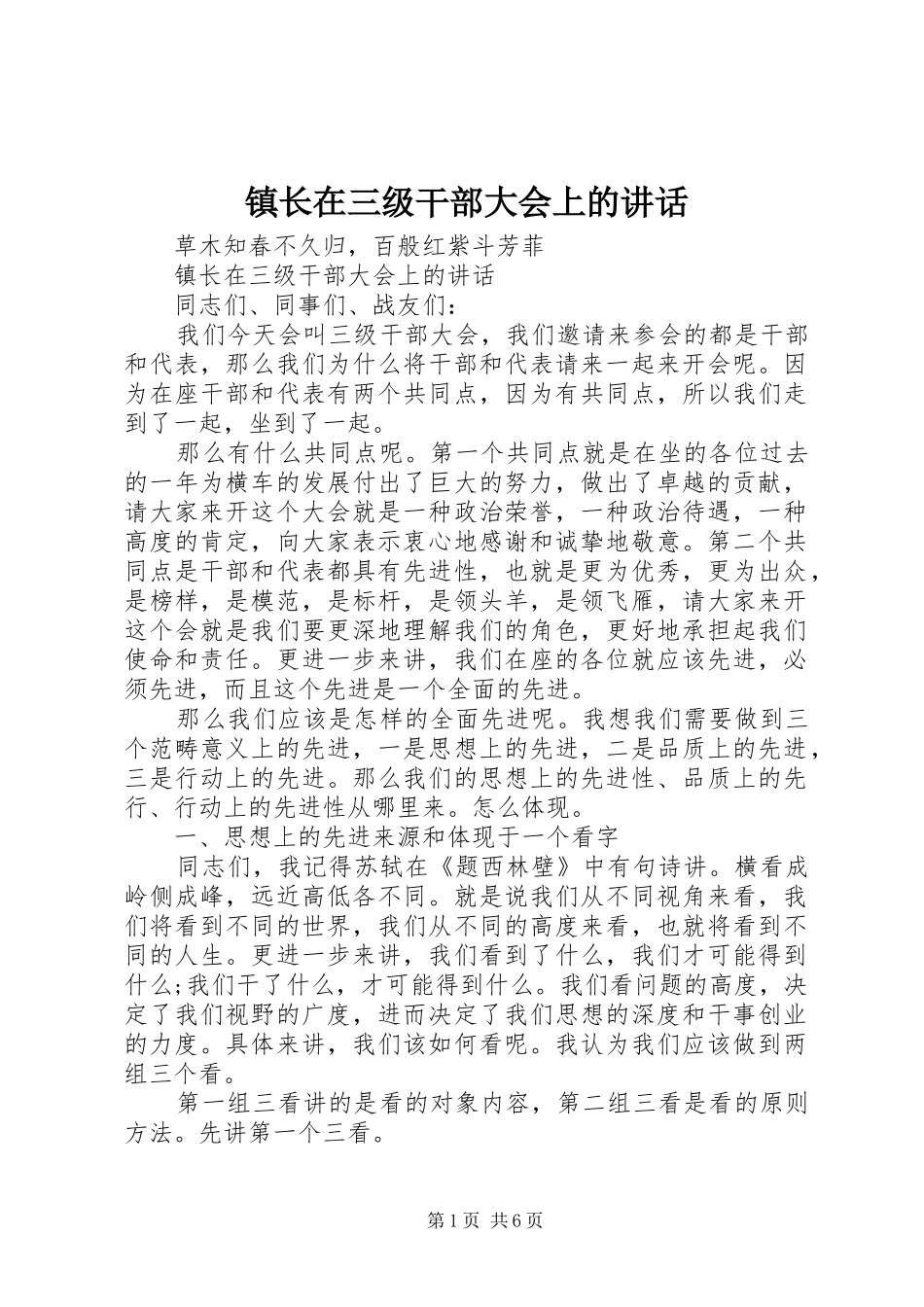 镇长在三级干部大会上的讲话发言_第1页