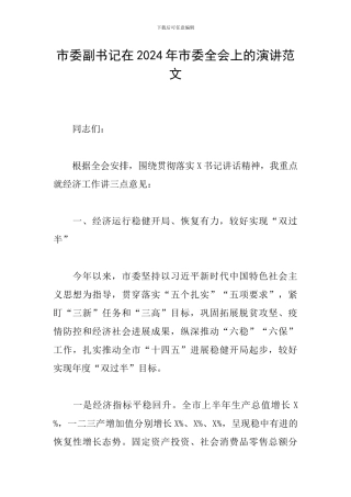 市委副书记在2024年市委全会上的演讲范文