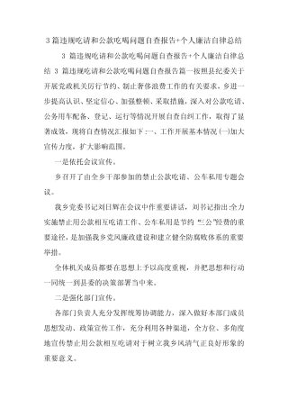 3篇违规吃请和公款吃喝问题自查报告+个人廉洁自律总结优选 