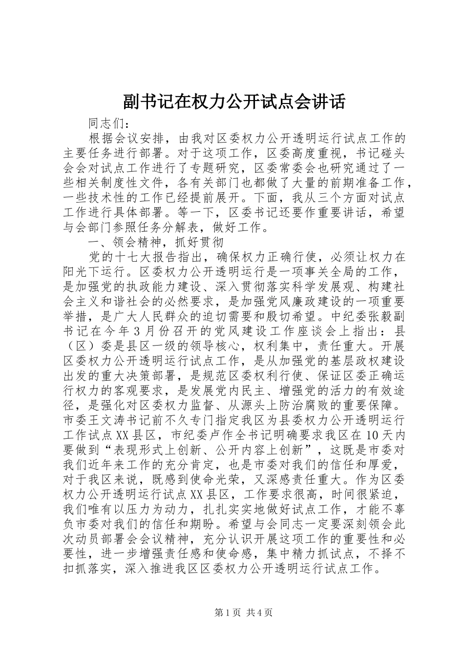 副书记在权力公开试点会讲话发言_第1页