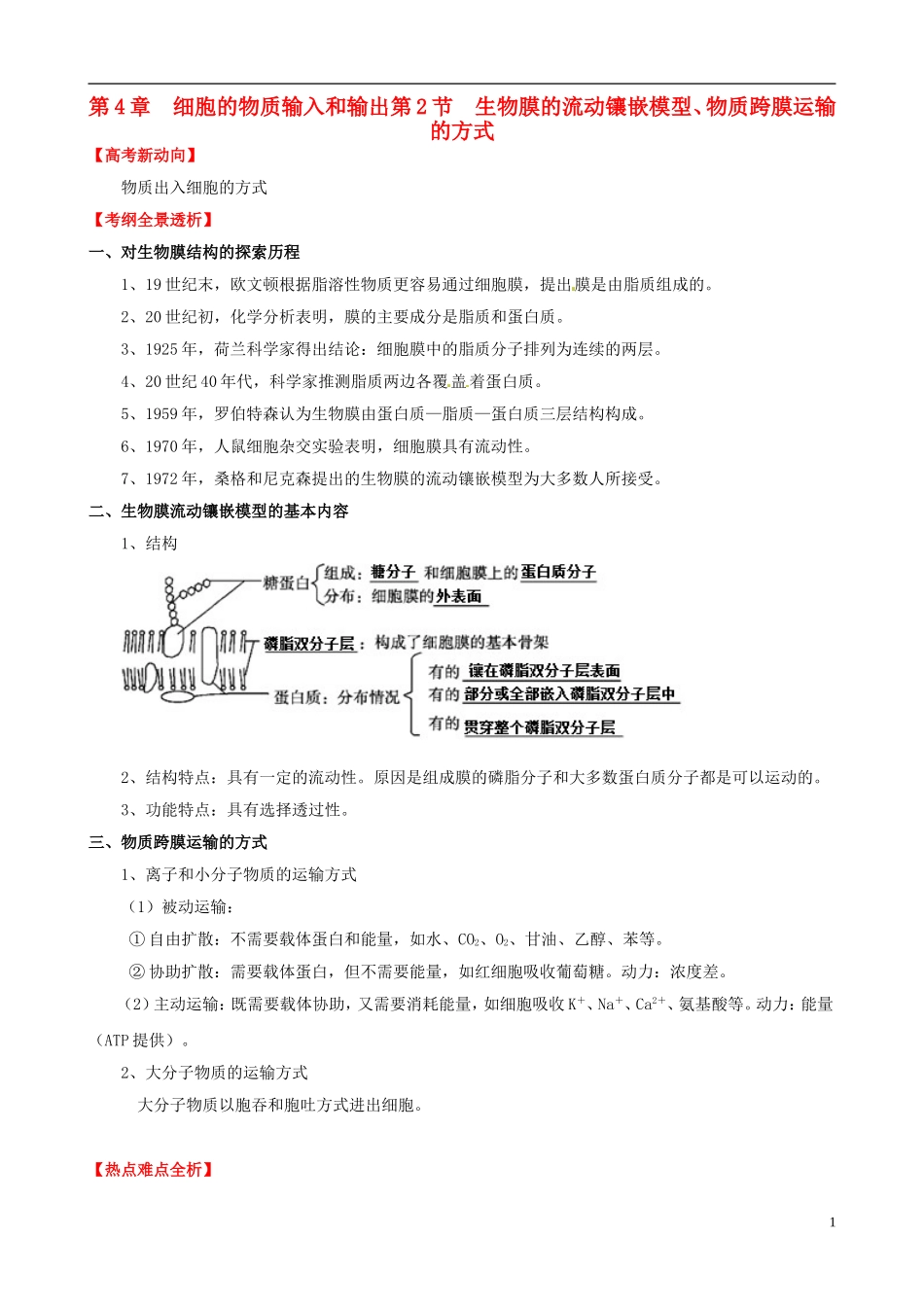 (考纲全景透析)2014届高考生物-4.2-生物膜的流动镶嵌模型、物质跨膜运输的方式基础复习-新人教版必修1_第1页