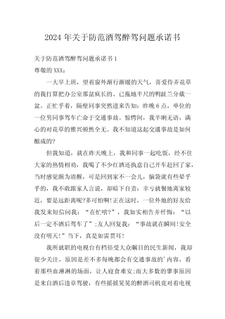 2024年关于防范酒驾醉驾问题承诺书 