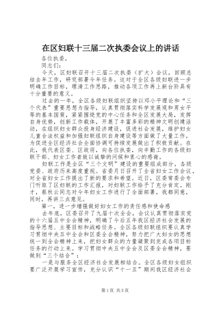 在区妇联十三届二次执委会议上的讲话发言