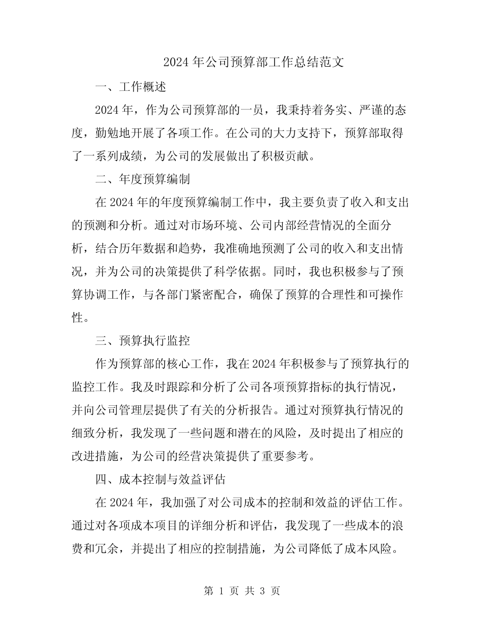 2024年公司预算部工作总结范文_第1页