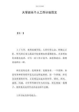大学班长个人工作计划范文