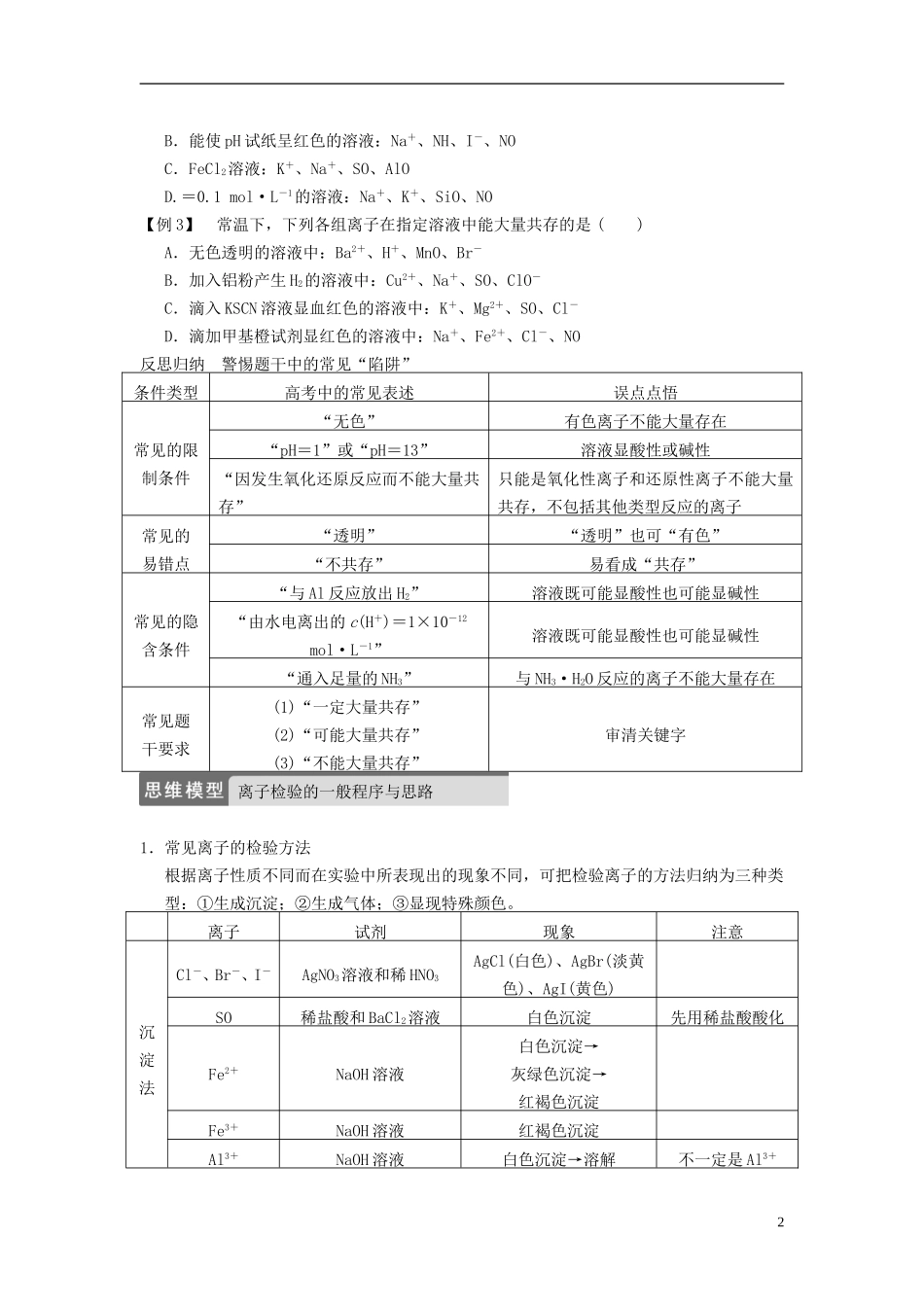 安徽省蚌埠铁中2014届高考化学一轮复习(夯实基础+配配套规范训练卷)《专题2第4讲-离子共存、离子的检验和_第2页