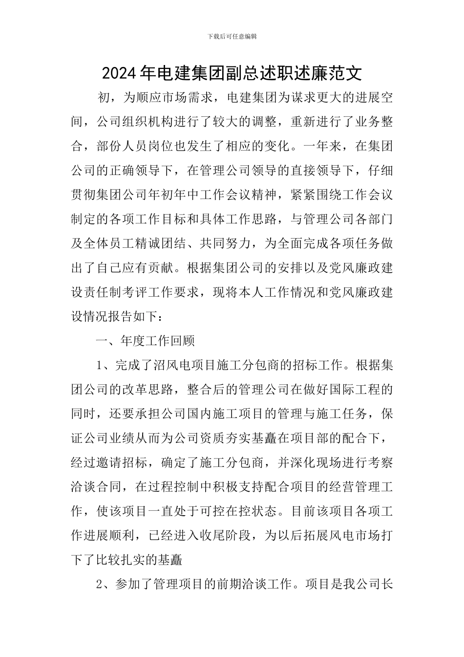 2024年电建集团副总述职述廉范文_第1页