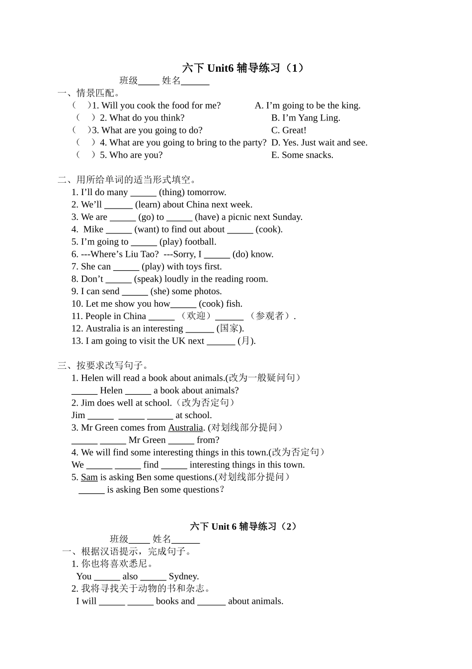 中华片区六下Unit6辅导练习_第1页