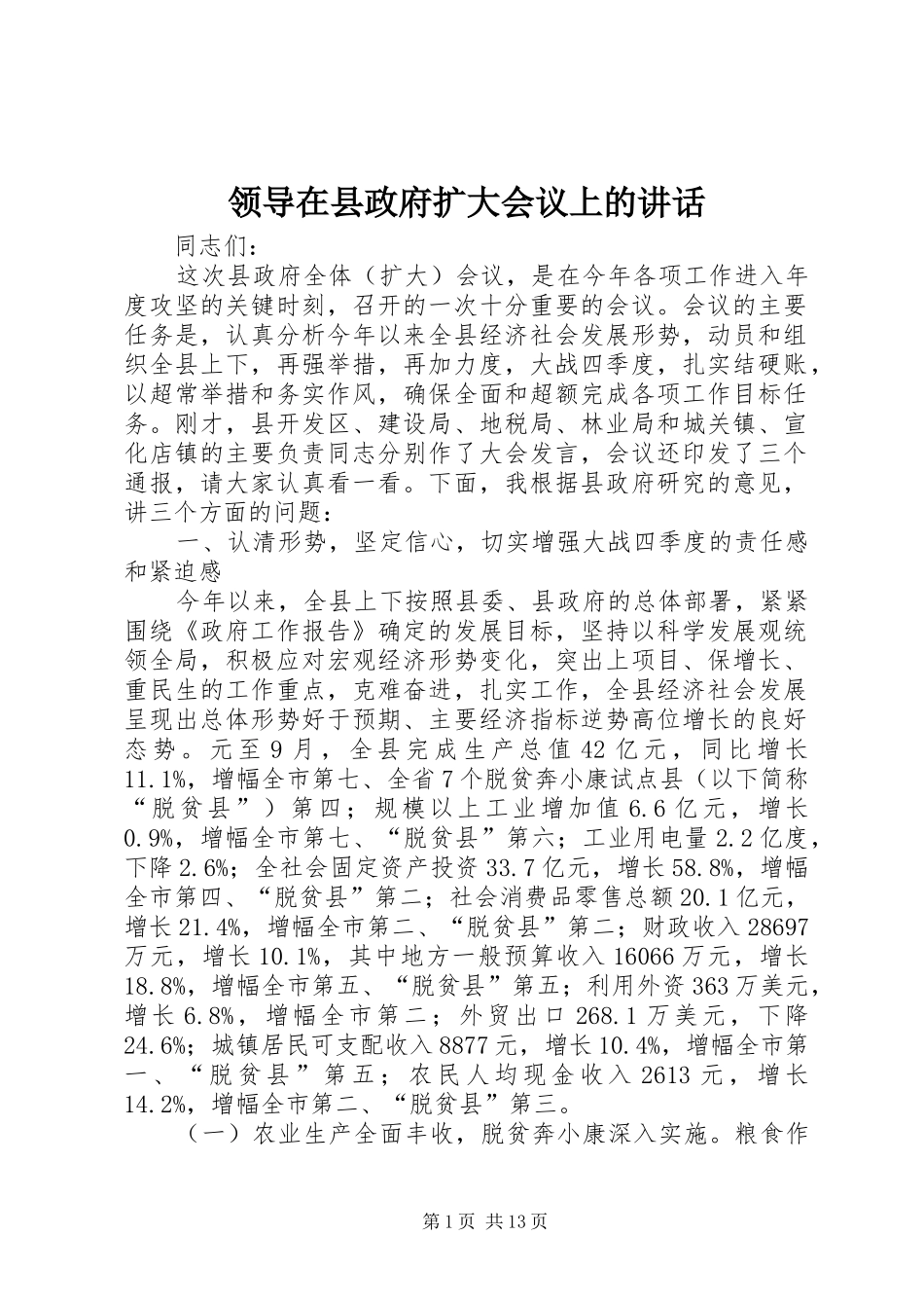 领导在县政府扩大会议上的讲话发言_第1页