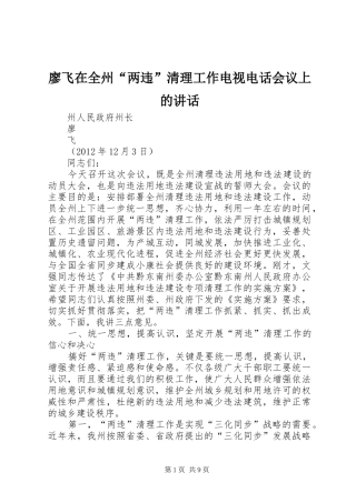 廖飞在全州“两违”清理工作电视电话会议上的讲话发言