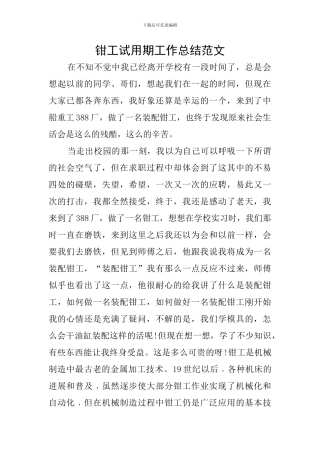 钳工试用期工作总结范文