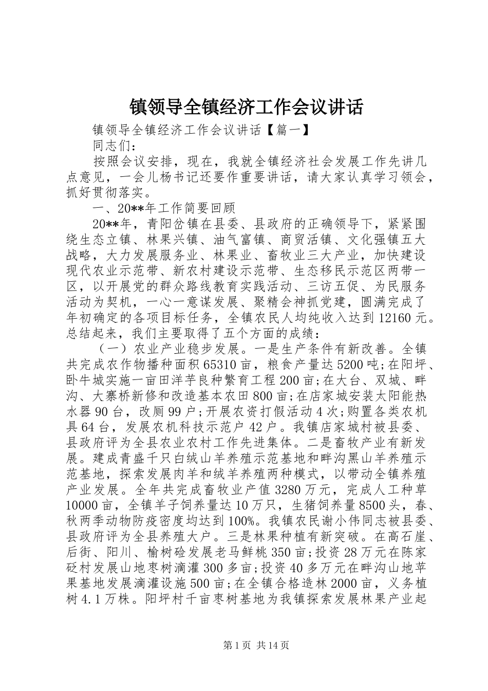 镇领导全镇经济工作会议讲话发言_第1页