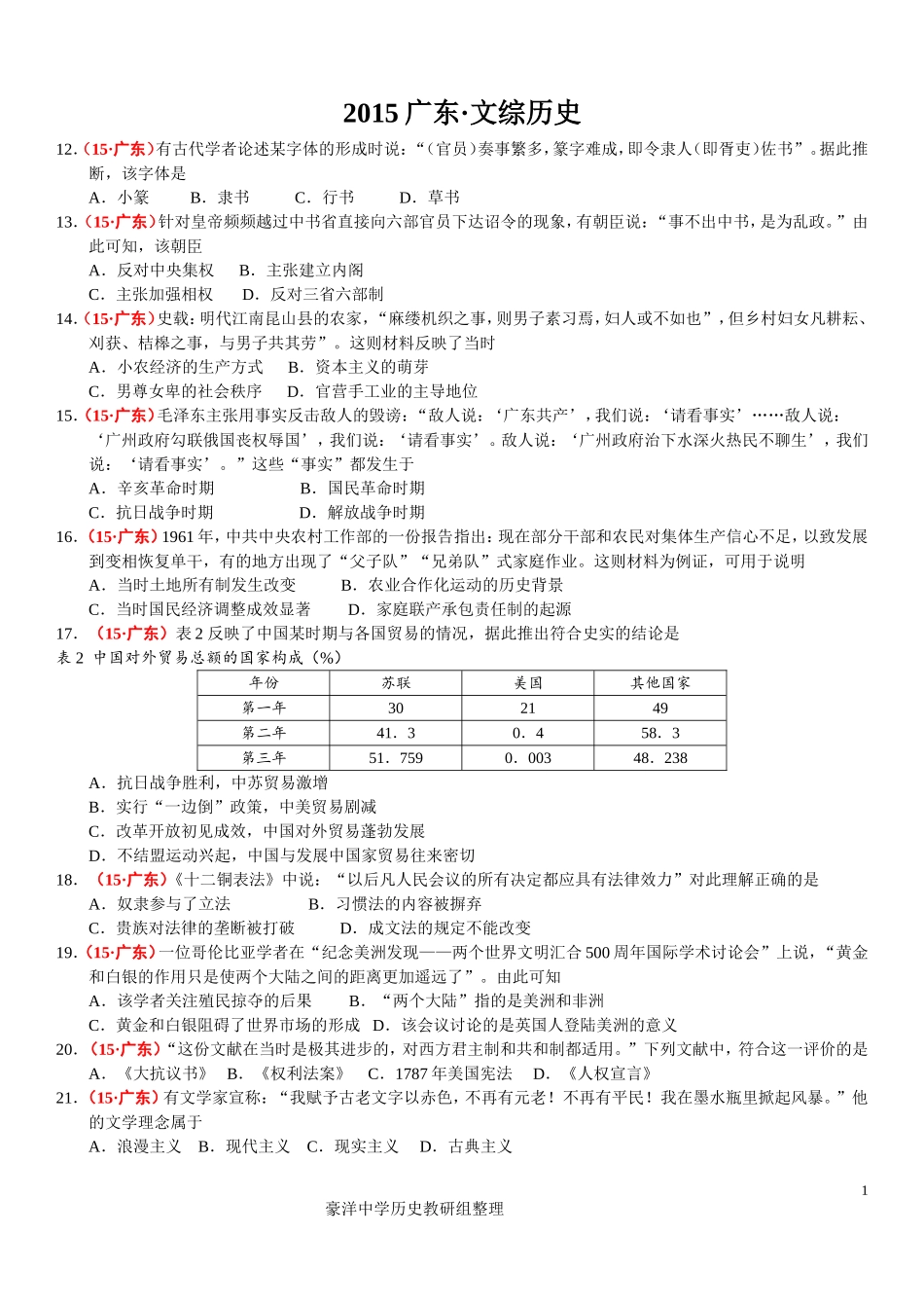 2015高考广东卷历史部分_第1页