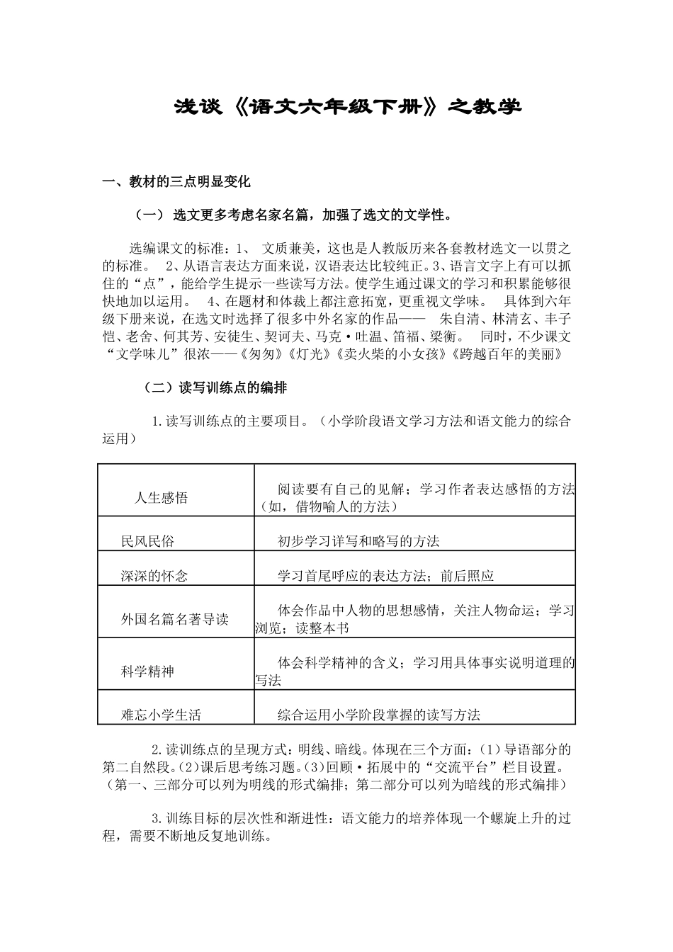 浅谈《语文六年级下册》之教学_第1页
