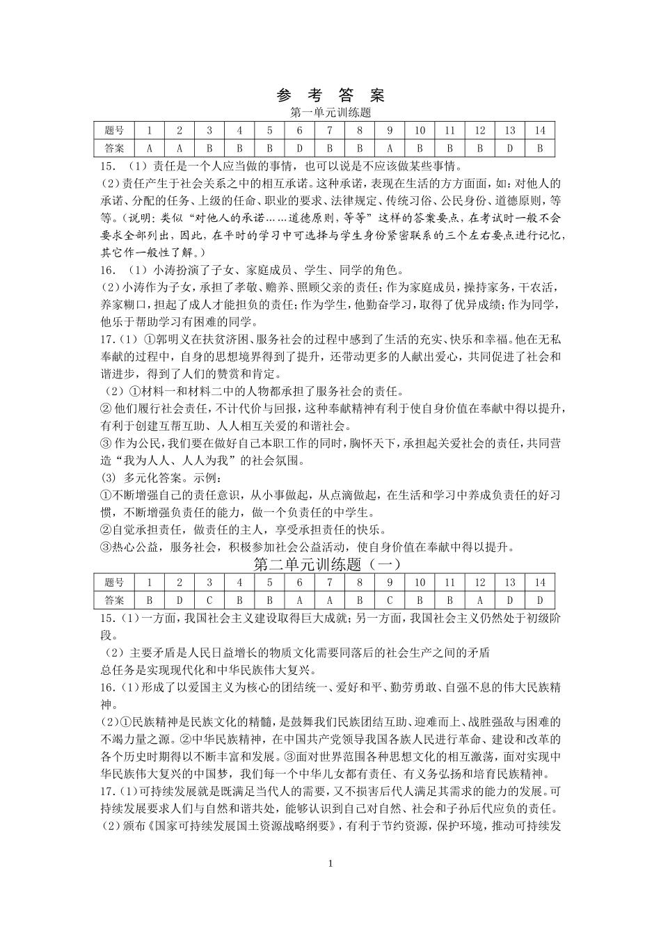 发展性评价2015秋思品九年级答案_第1页