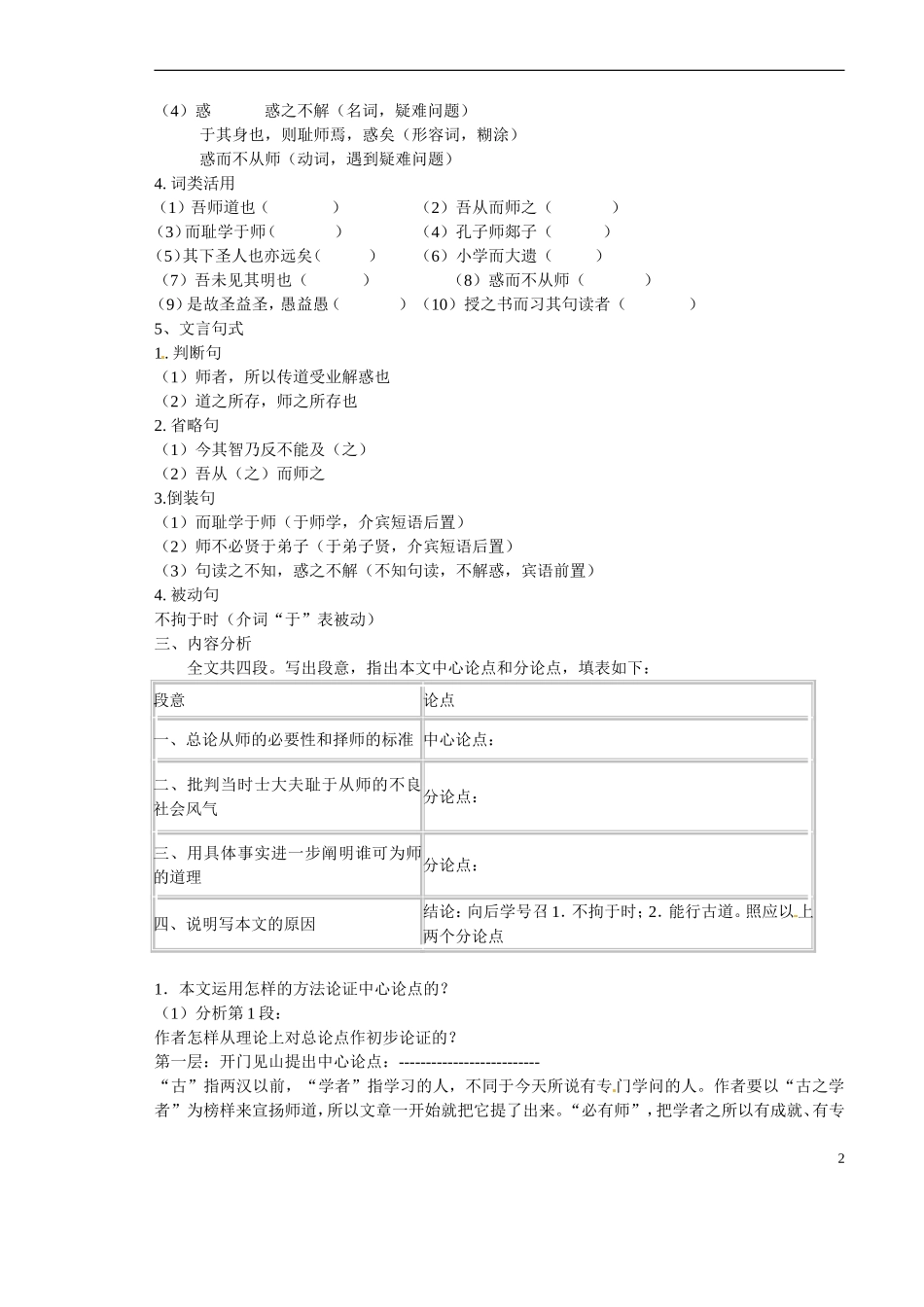 山西省原平市第一中学2012-2013学年高一语文《师说》预习导航-新人教版_第2页