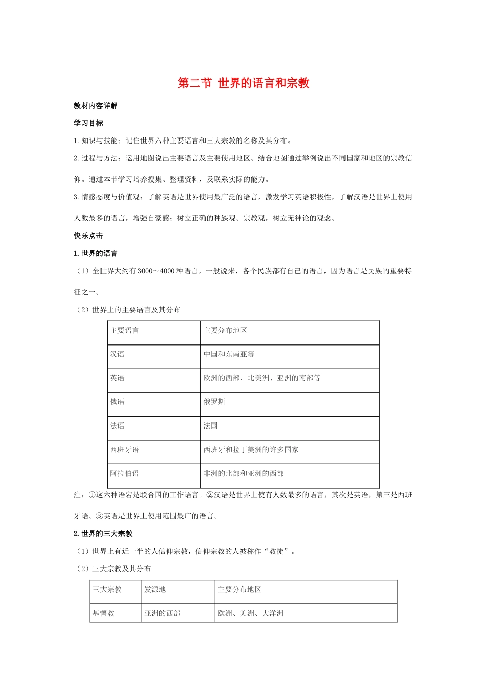 七年级地理4.2　世界的语言和宗教　教案2人教版_第1页