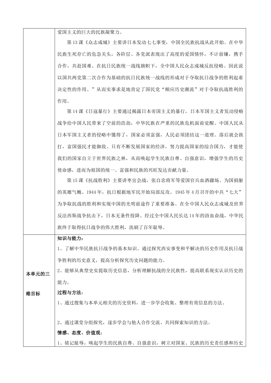 七年级历史上册：第四单元 中华民族的抗日战争单元教学设计（鲁教版）_第3页