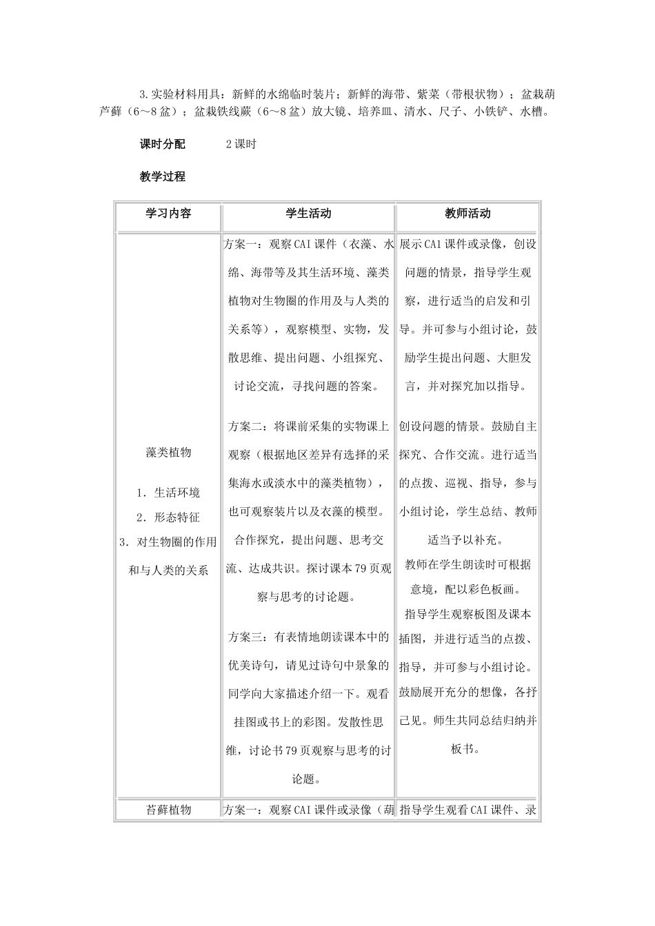 七年级生物3.1.1藻类、苔藓和蕨类植物　2教案人教版_第2页