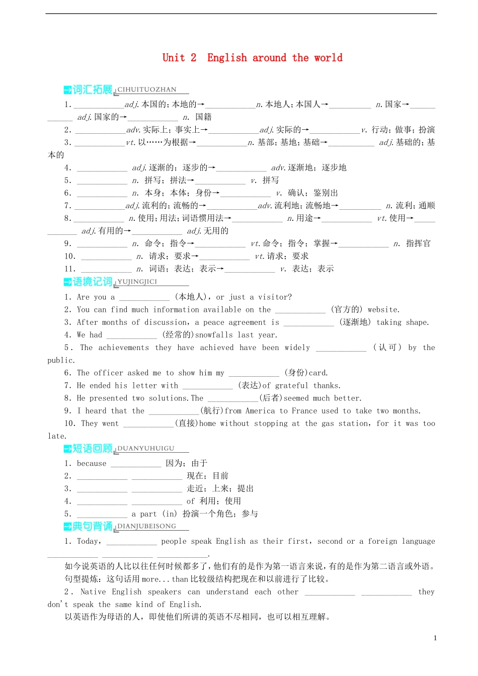2014高考英语一轮复习-Unit2-English-around-the-world基础梳理训练-新人教版必修1_第1页