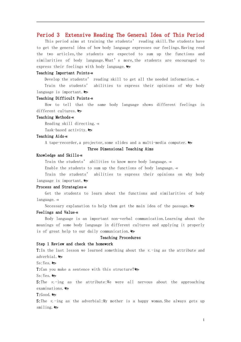 高中英语-Period-3-Extensive-Reading(Unit-4-Body-languange)优秀教案-新人教版必修4_第1页