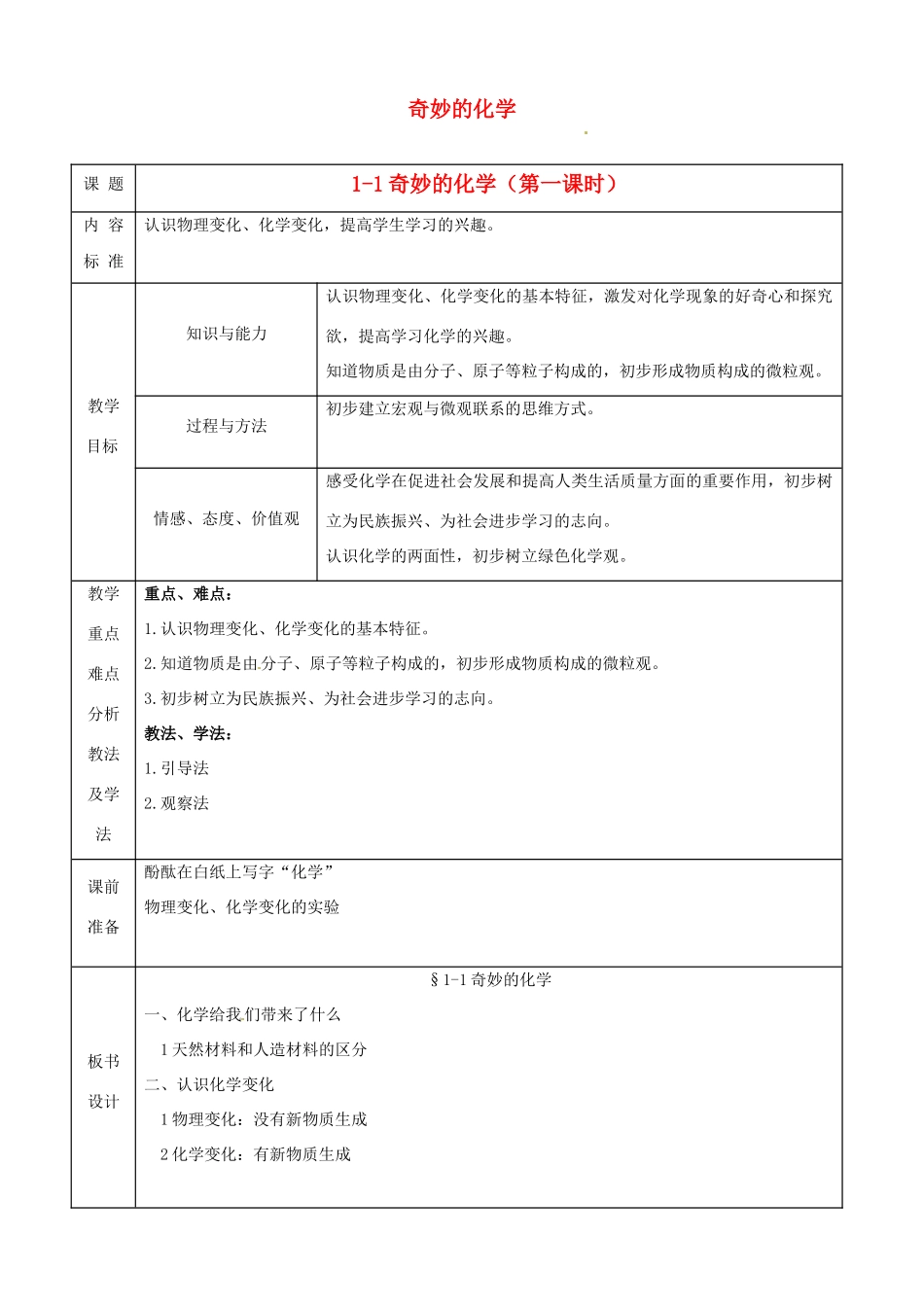 九年级化学 第一单元第一节 奇妙的化学教案（第一课时）鲁教版_第1页