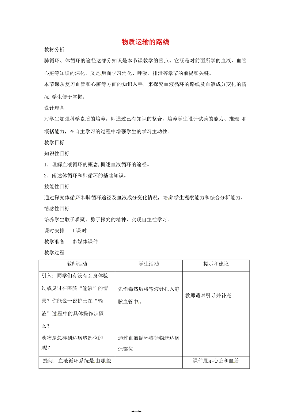 七年级生物下册 2.2.3物质运输的路线教学设计 （新版）冀教版-（新版）冀教版初中七年级下册生物教案_第1页