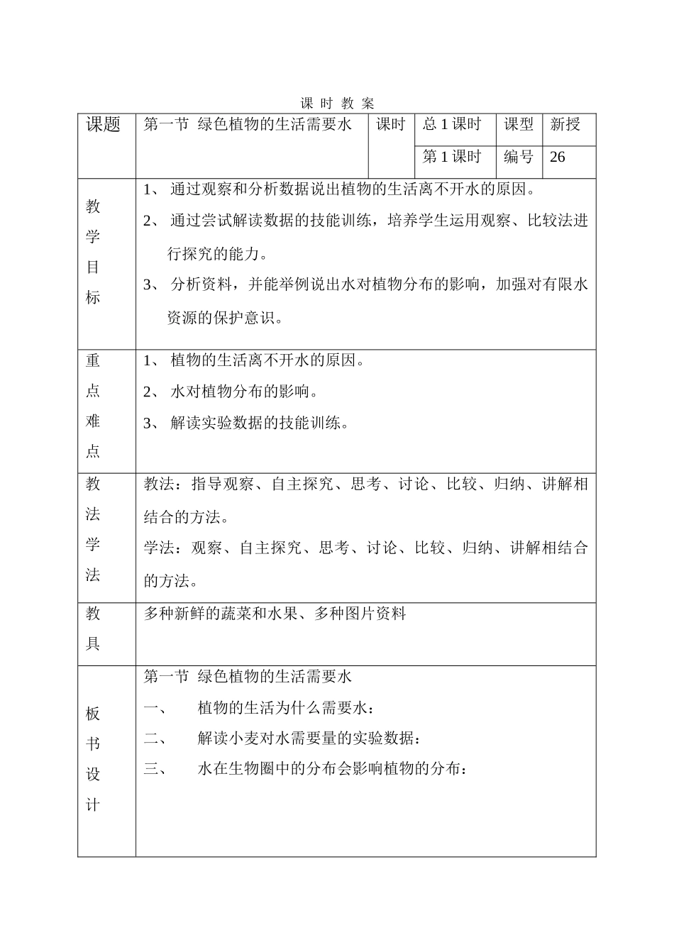 七年级地理绿色植物的生活需要水教案人教版_第1页
