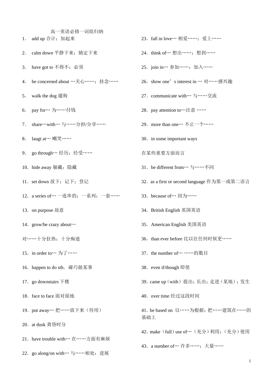 高一英语必修一词组归纳_第1页