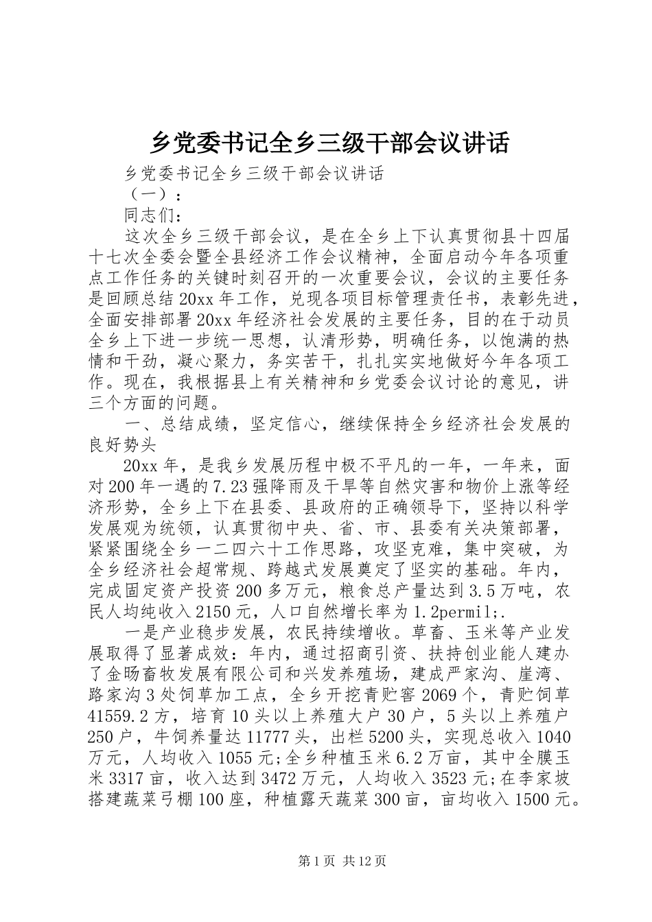 乡党委书记全乡三级干部会议讲话发言_第1页