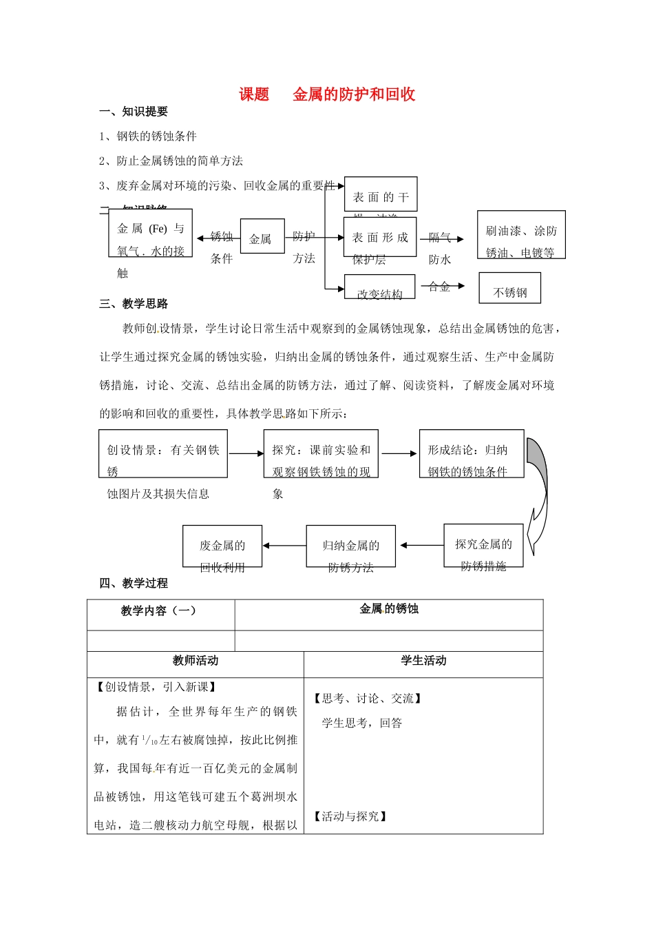 九年级化学 5.2 金属的防护和回收教案2 沪教版_第1页