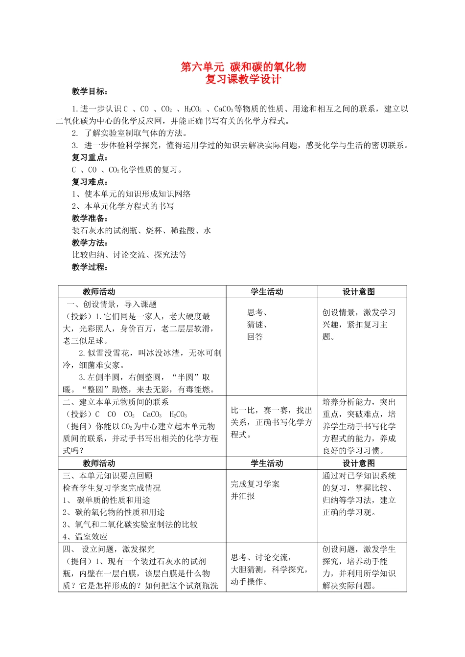 九年级化学上册 第六单元 碳和碳的氧化物复习课教案 新人教版_第1页