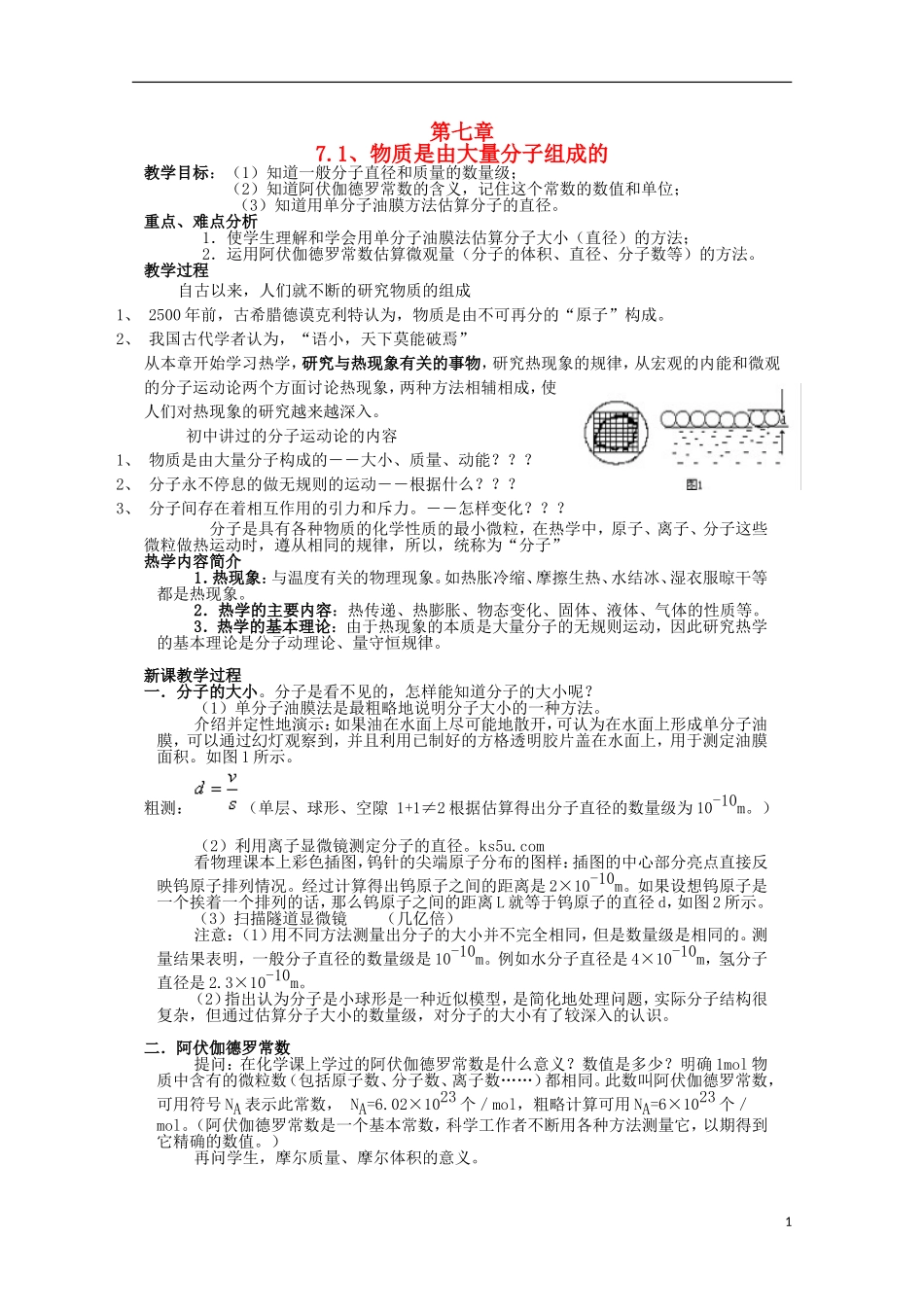 江苏省苏州市蓝缨学校高二物理《物质是由大量分子组成的》教案_第1页