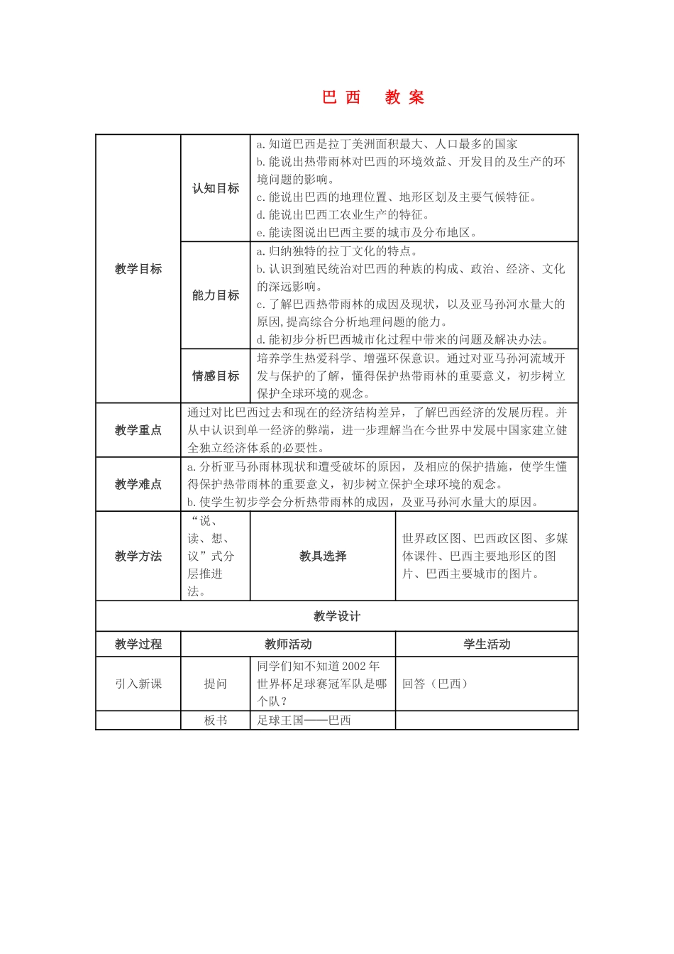 七年级地理下册 第三章《巴西》教案 湘教版_第1页
