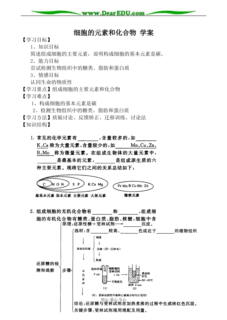 新人教版高中生物必修1细胞的元素和化合物 学案_第1页