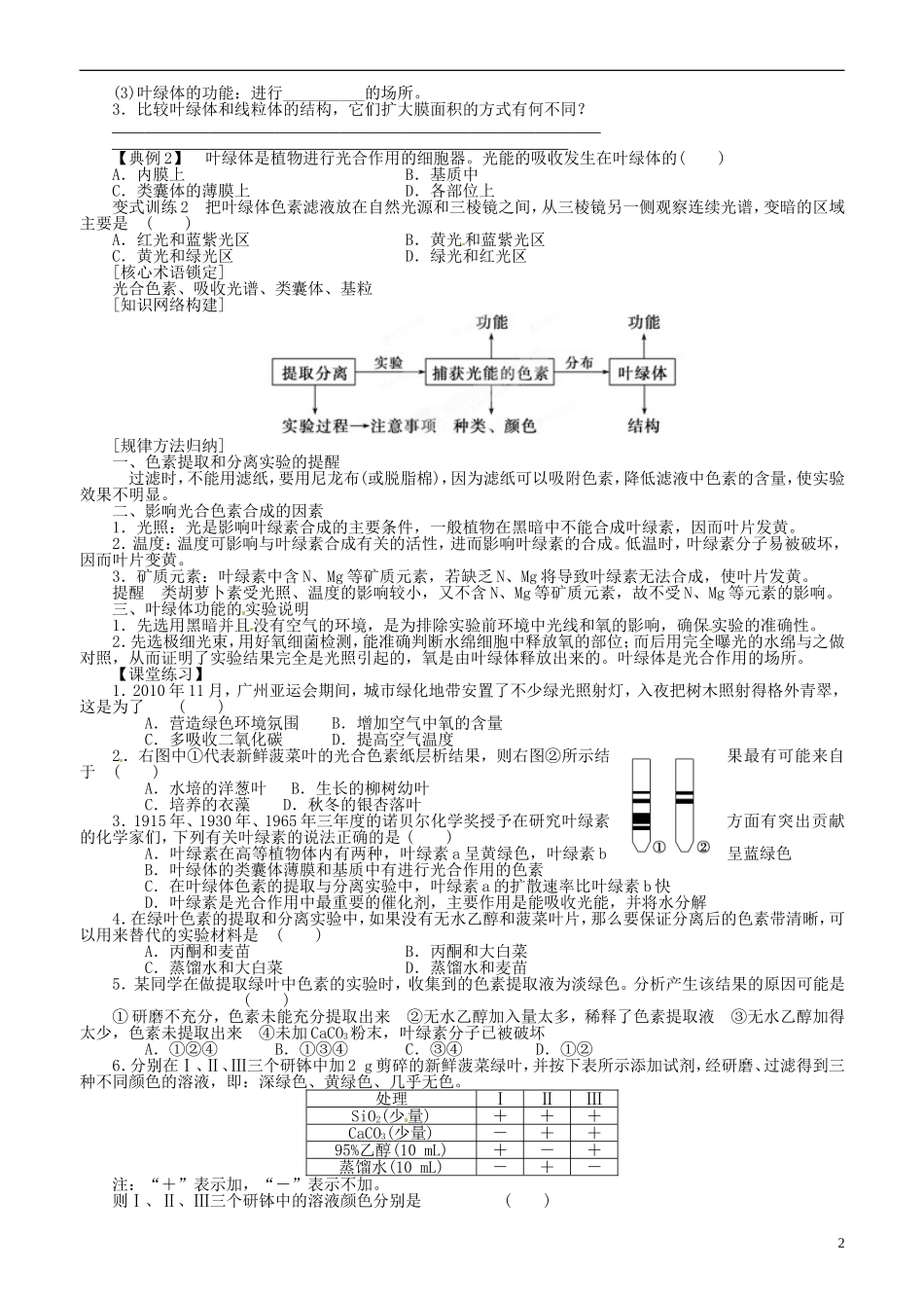 山东省平邑县曾子学校高中生物 第6章第6课时 捕获光能的色素和结构学案 新人教版必修1 _第2页