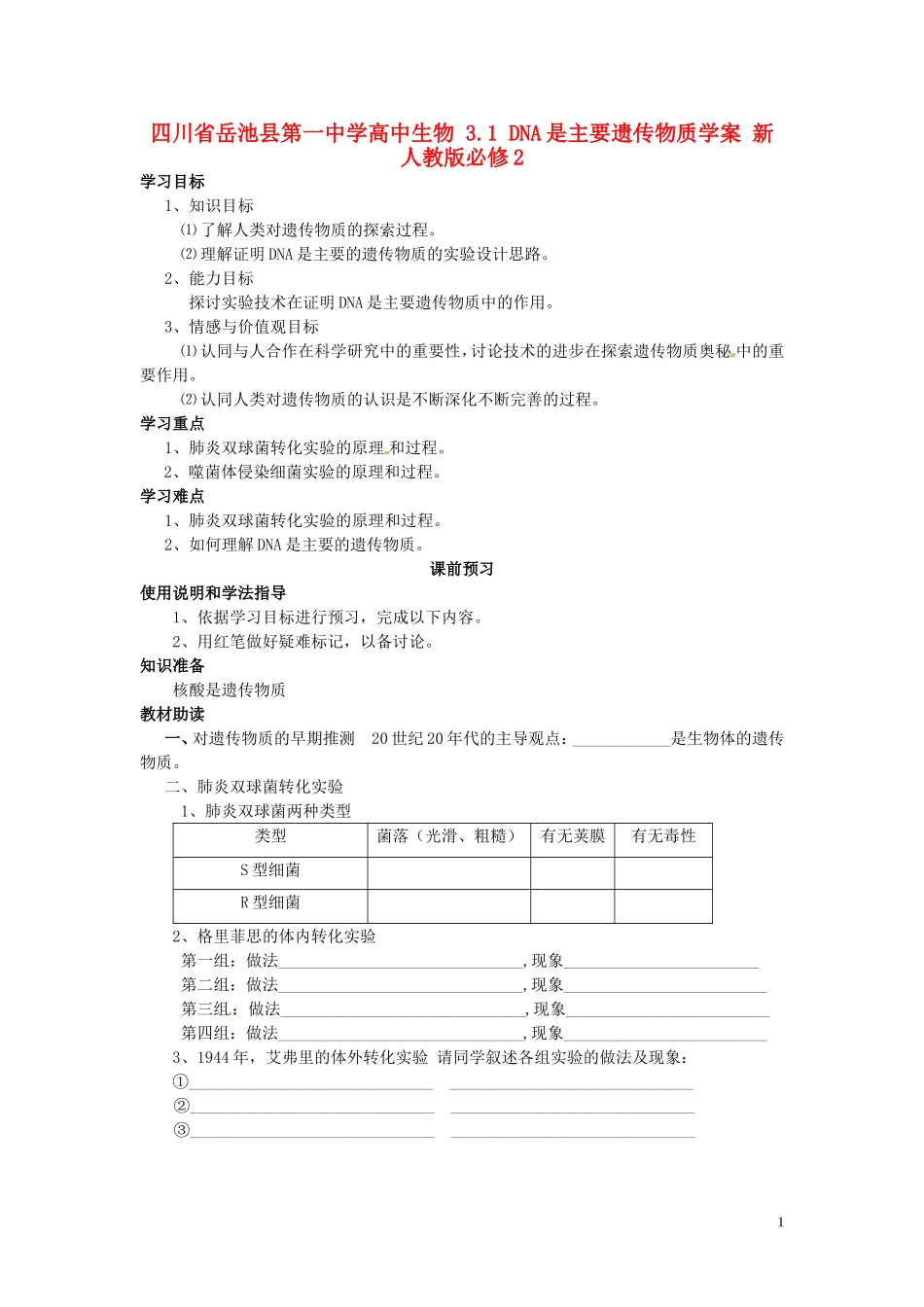 四川省岳池县第一中学高中生物 3.1 DNA是主要遗传物质学案 新人教版必修2_第1页