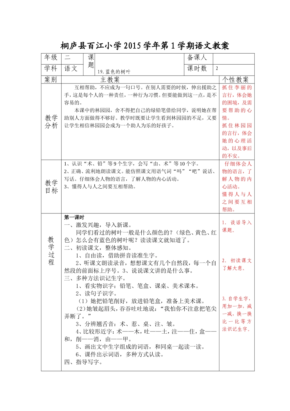 二上语文《蓝色的树叶》教学设计_第1页