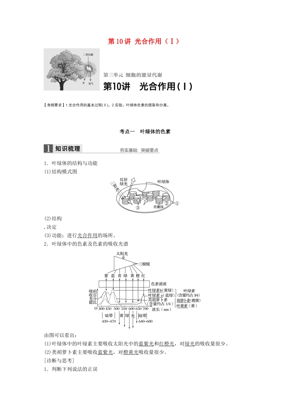 新高考生物一轮复习 第三单元 细胞的能量代谢 第10讲 光合作用（Ⅰ）学案（含解析）北师大版-北师大版高三全册生物学案_第1页