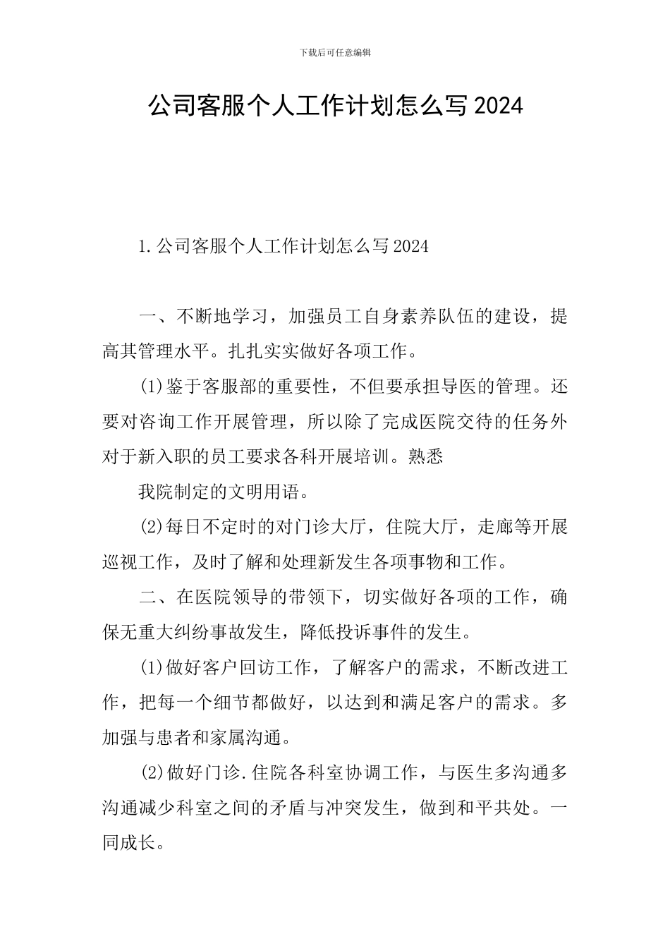 公司客服个人工作计划怎么写2024_第1页