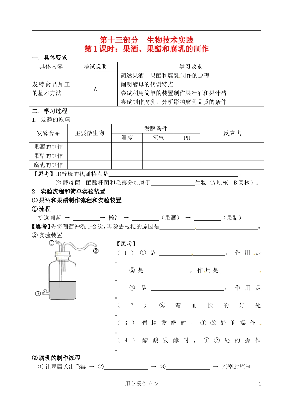 江苏省淮安中学高三生物总复习 13-1果酒、果醋和腐乳的制作学案_第1页
