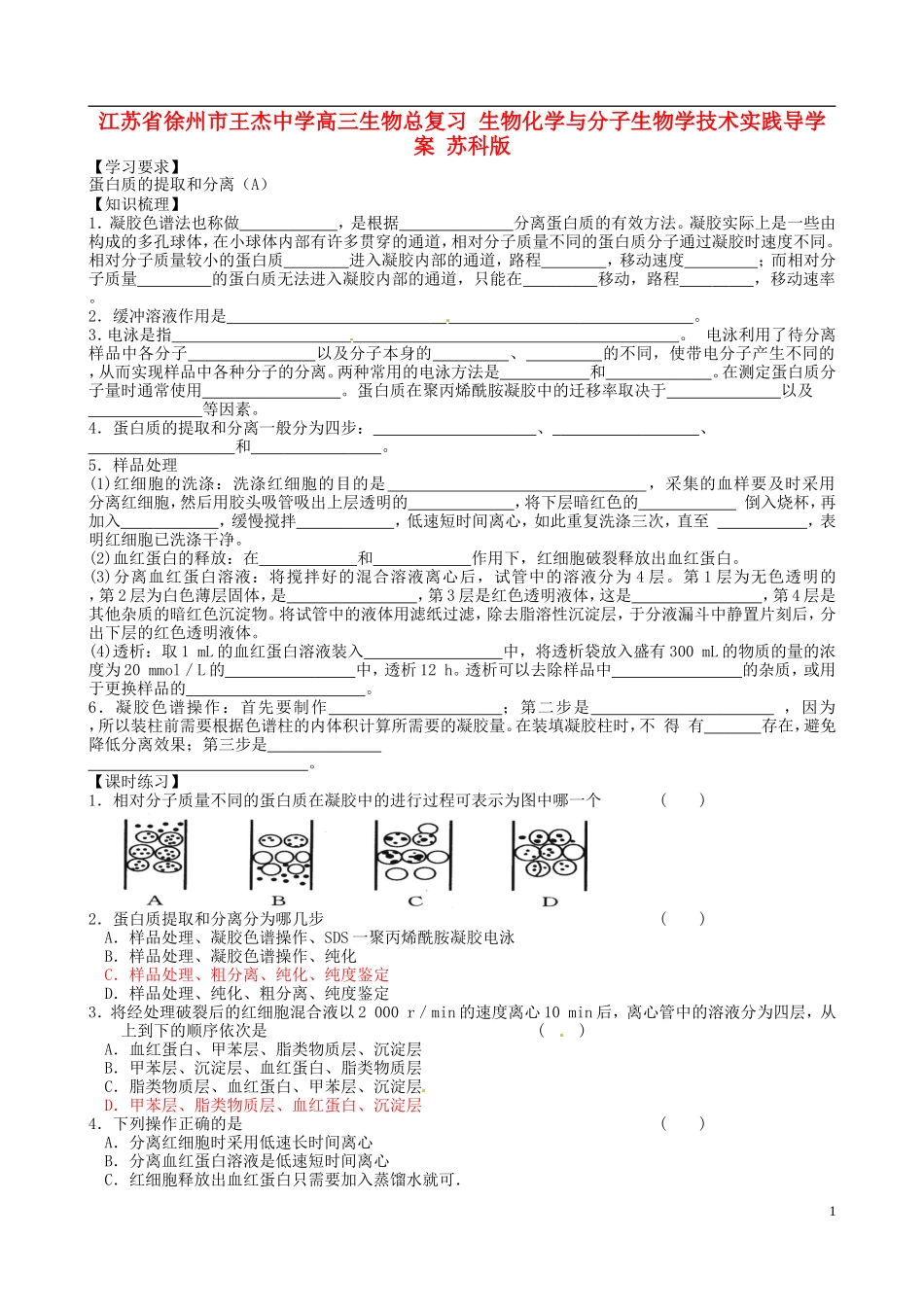 江苏省徐州市王杰中学高三生物总复习 生物化学与分子生物学技术实践导学案 苏科版_第1页